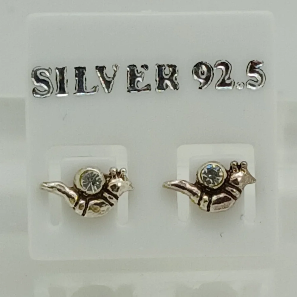 Vintage 1990s Thai Sterling Silver 925 Snail Stud Earrings Crystal Tiny Nature